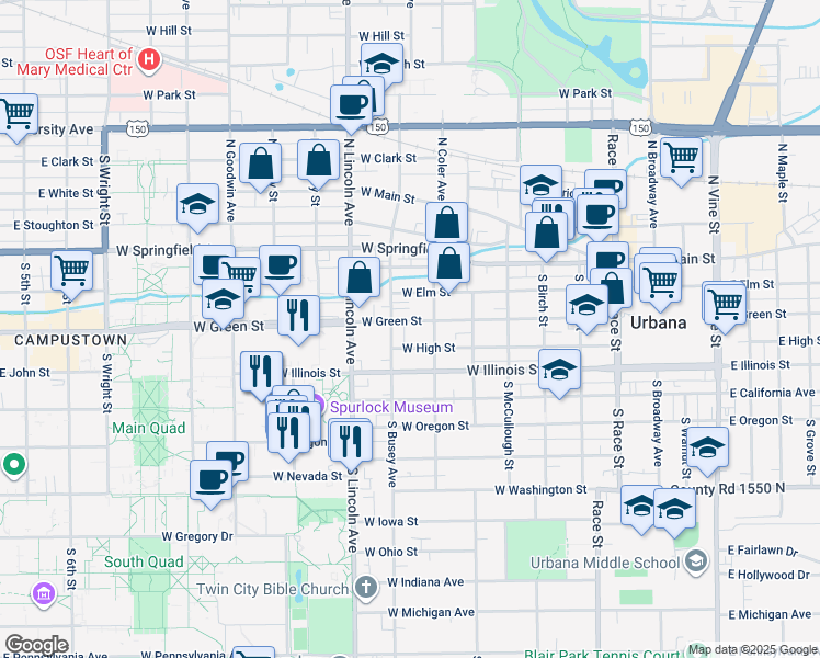 map of restaurants, bars, coffee shops, grocery stores, and more near 709 West Green Street in Urbana