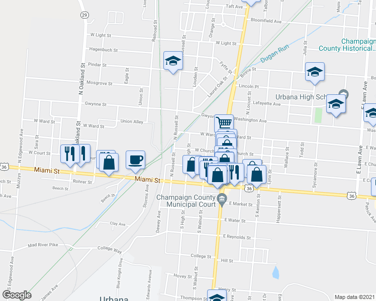 map of restaurants, bars, coffee shops, grocery stores, and more near 301 West Church Street in Urbana