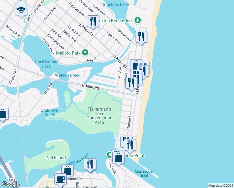 map of restaurants, bars, coffee shops, grocery stores, and more near 527 Brielle Road in Manasquan