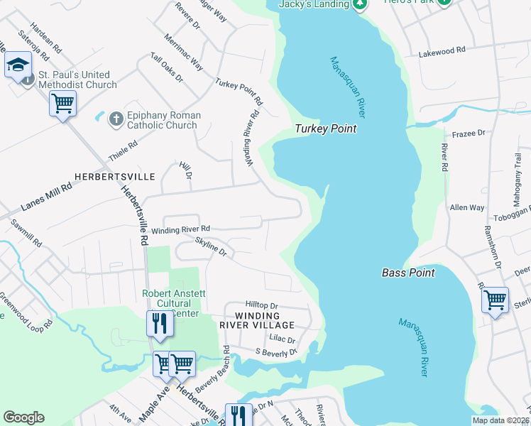 map of restaurants, bars, coffee shops, grocery stores, and more near 571 Winding River Road in Brick Township