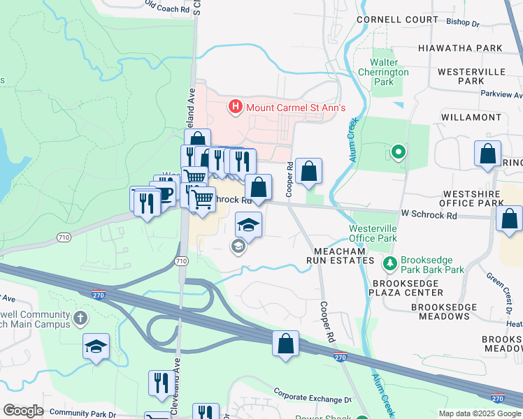map of restaurants, bars, coffee shops, grocery stores, and more near 555 West Schrock Road in Westerville