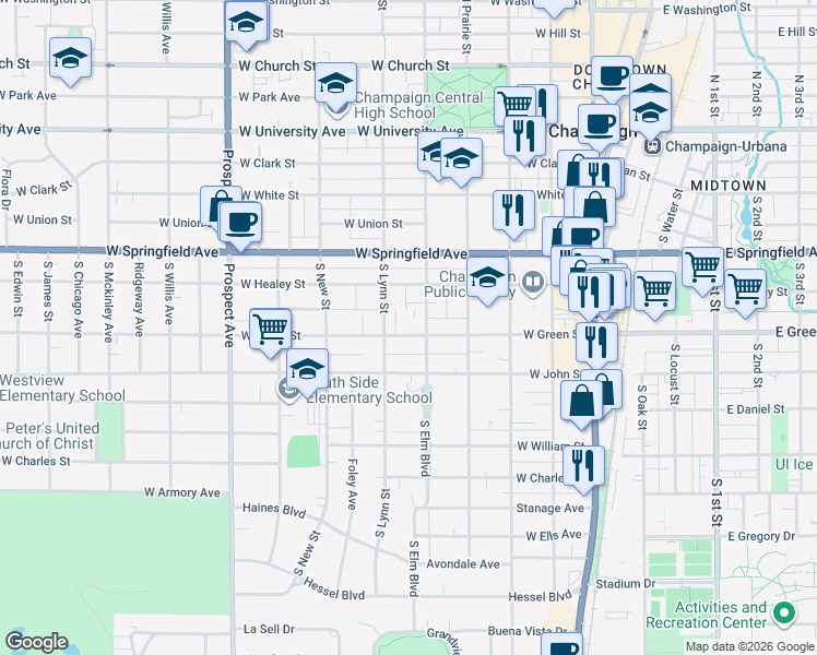 map of restaurants, bars, coffee shops, grocery stores, and more near 506 West Green Street in Champaign