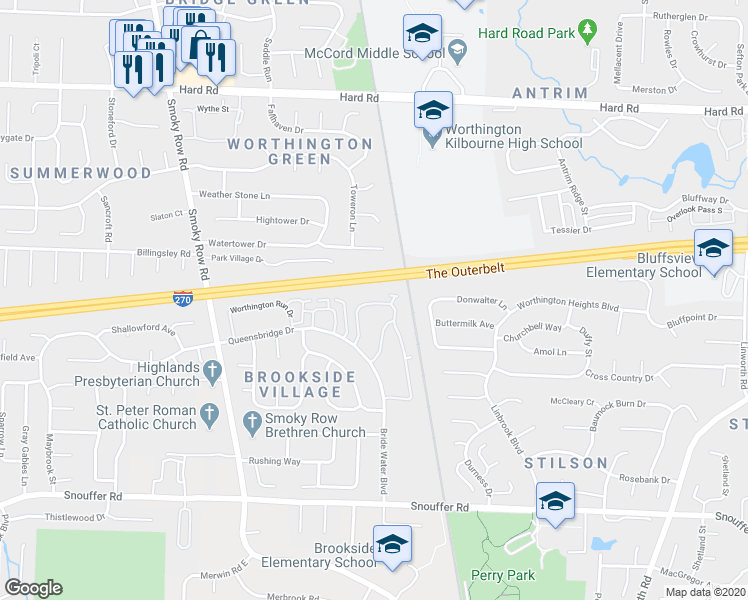 map of restaurants, bars, coffee shops, grocery stores, and more near 1544 Worthington Row Drive in Columbus