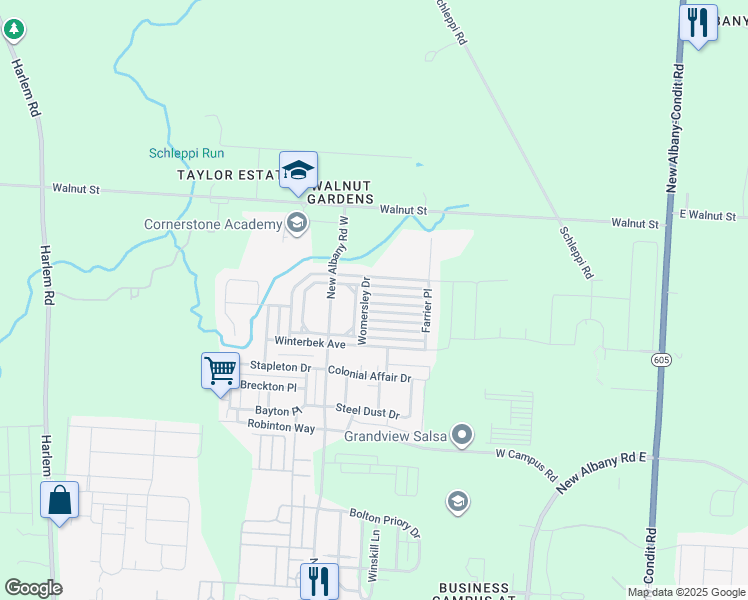map of restaurants, bars, coffee shops, grocery stores, and more near 7171 Alma Terrace Drive in New Albany