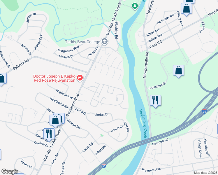 map of restaurants, bars, coffee shops, grocery stores, and more near 429 Dartmouth Court in Bensalem
