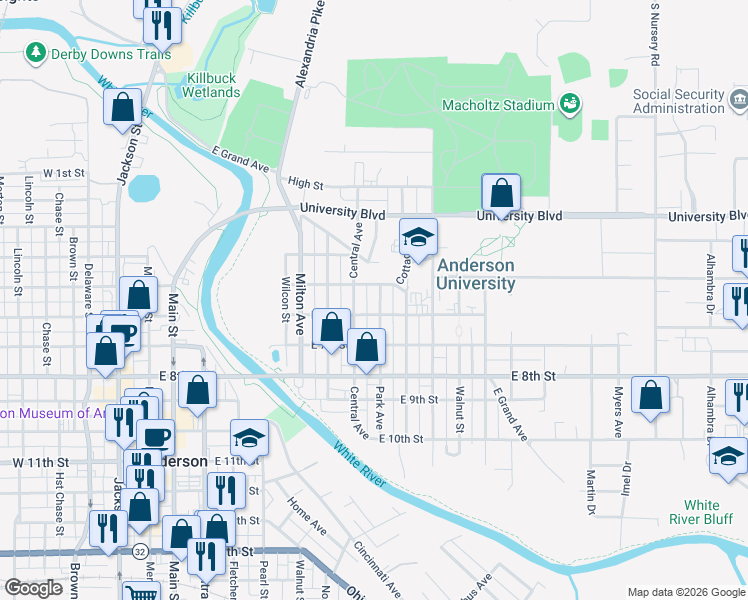 map of restaurants, bars, coffee shops, grocery stores, and more near 525 Park Avenue in Anderson