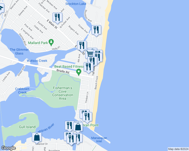 map of restaurants, bars, coffee shops, grocery stores, and more near 595 Brielle Road in Manasquan