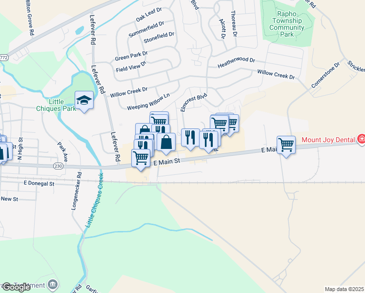 map of restaurants, bars, coffee shops, grocery stores, and more near 840-842 East Main Street in Mount Joy