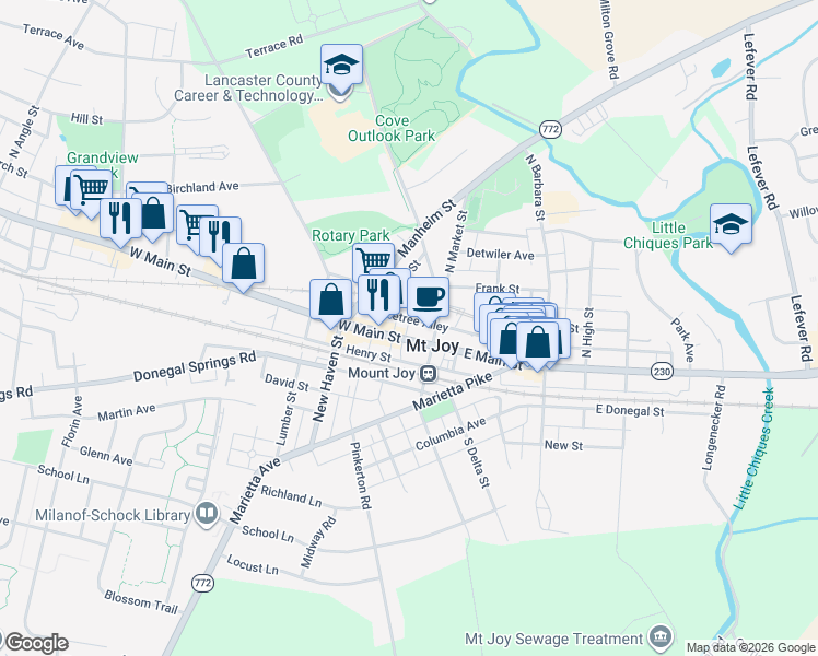 map of restaurants, bars, coffee shops, grocery stores, and more near 22 West Main Street in Mount Joy