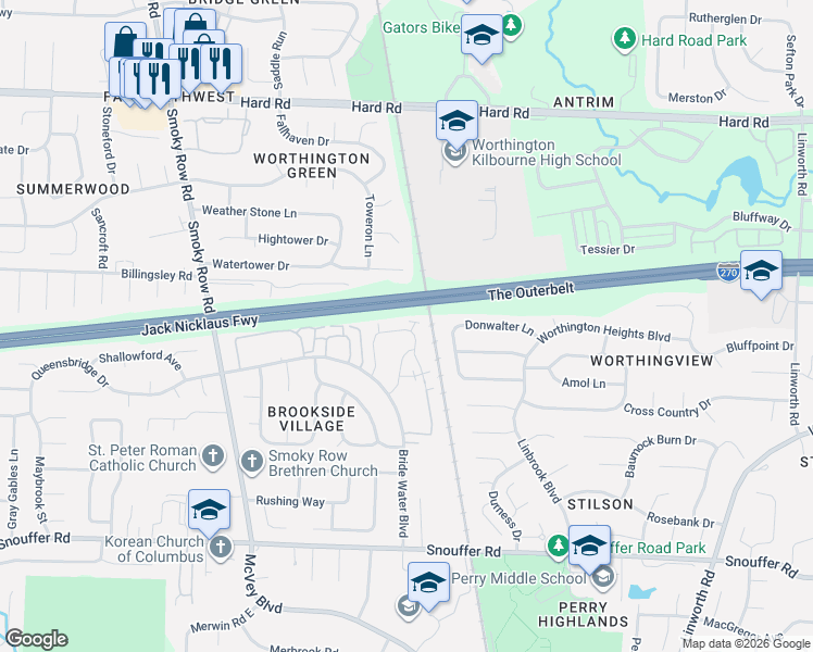 map of restaurants, bars, coffee shops, grocery stores, and more near 1527 Worthington Row Drive in Columbus
