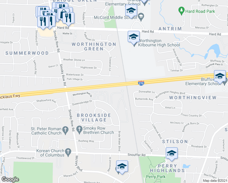 map of restaurants, bars, coffee shops, grocery stores, and more near 1584 Worthington Row Drive in Columbus