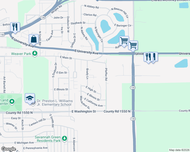 map of restaurants, bars, coffee shops, grocery stores, and more near 302 Sunrise Drive in Urbana