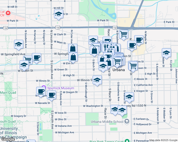 map of restaurants, bars, coffee shops, grocery stores, and more near 402 West High Street in Urbana
