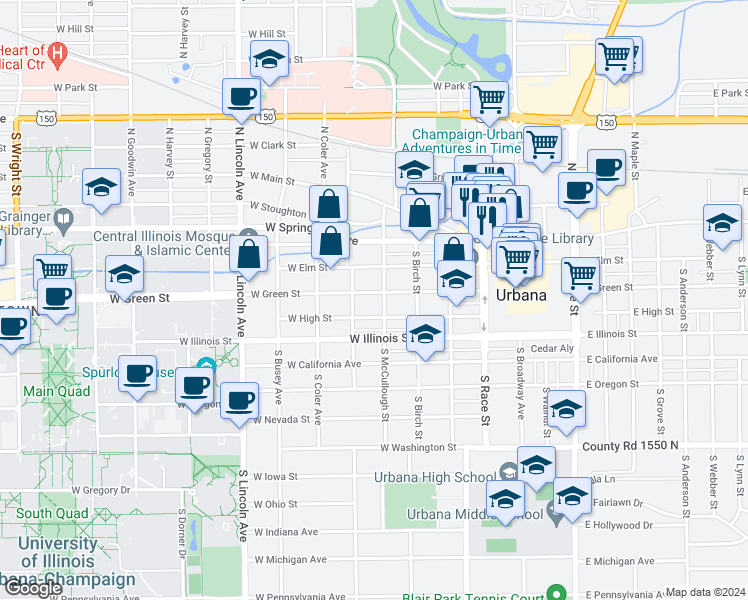 map of restaurants, bars, coffee shops, grocery stores, and more near 504 West High Street in Urbana