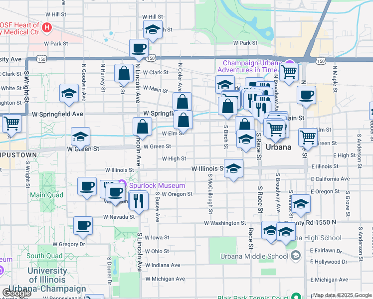 map of restaurants, bars, coffee shops, grocery stores, and more near 602 West High Street in Urbana