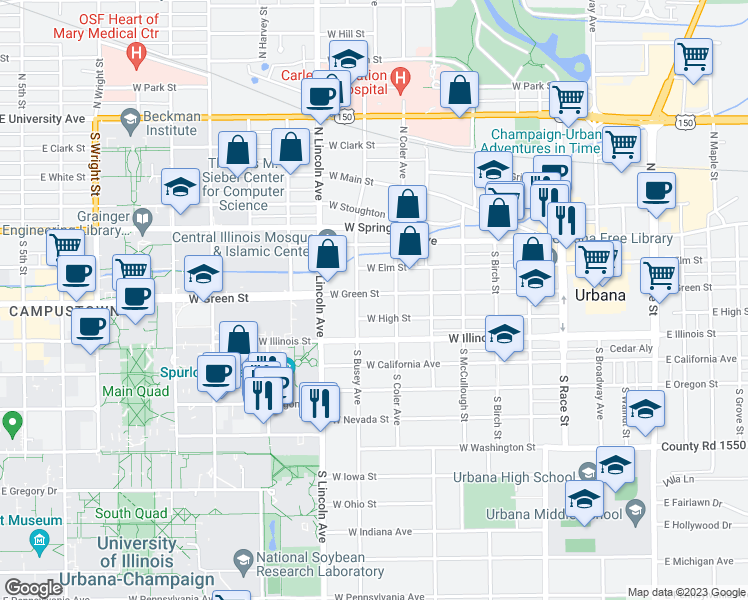 map of restaurants, bars, coffee shops, grocery stores, and more near 704 West High Street in Urbana