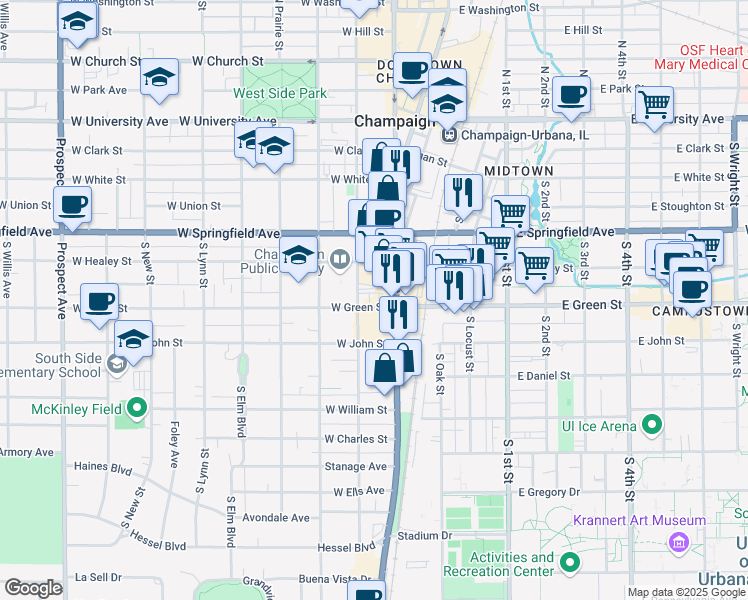 map of restaurants, bars, coffee shops, grocery stores, and more near 117 West Green Street in Champaign