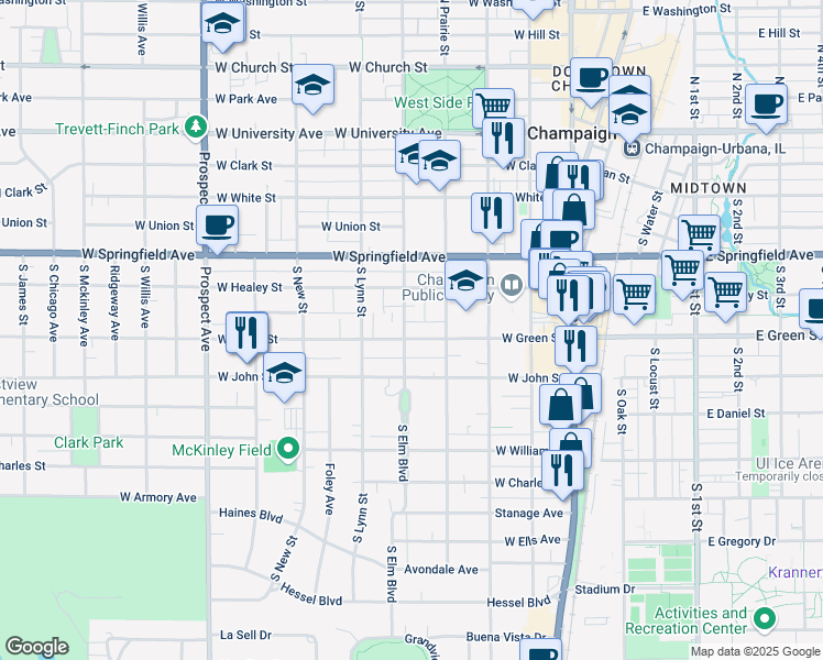 map of restaurants, bars, coffee shops, grocery stores, and more near 407 West Green Street in Champaign
