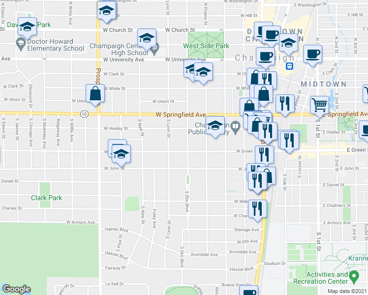 map of restaurants, bars, coffee shops, grocery stores, and more near 507 West Green Street in Champaign