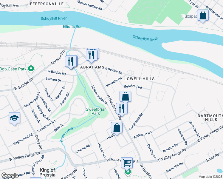 map of restaurants, bars, coffee shops, grocery stores, and more near 584 Avon Road in King of Prussia