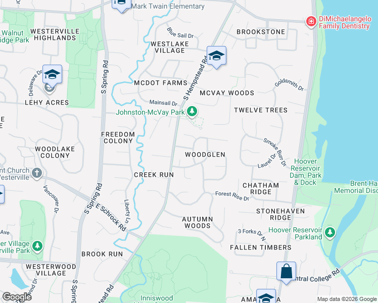 map of restaurants, bars, coffee shops, grocery stores, and more near 598 Deer Run Road in Westerville