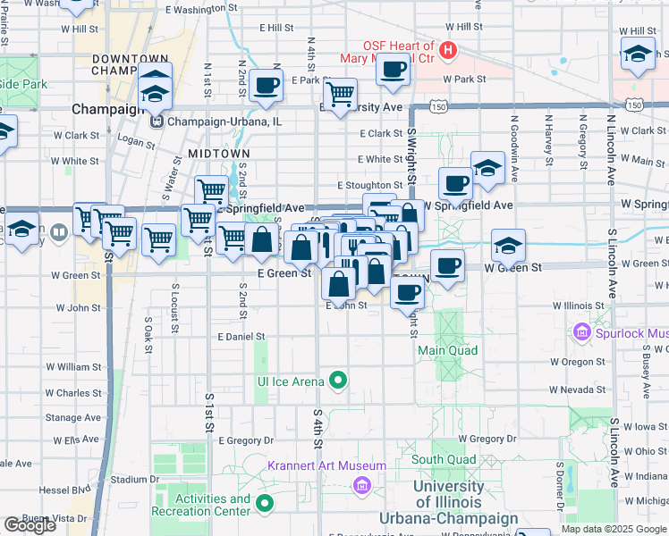 map of restaurants, bars, coffee shops, grocery stores, and more near 408 East Green Street in Champaign