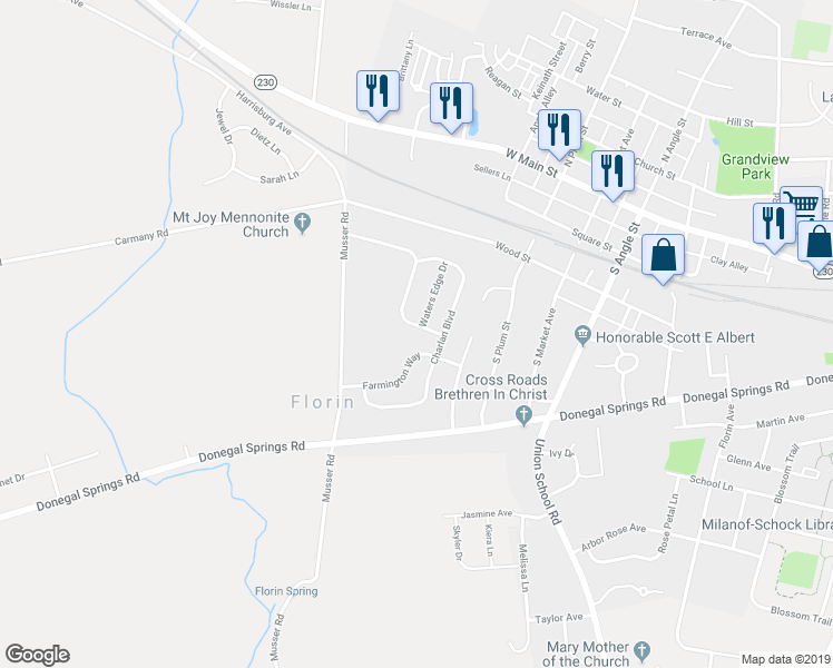 map of restaurants, bars, coffee shops, grocery stores, and more near 131 Farmington Way in Mount Joy