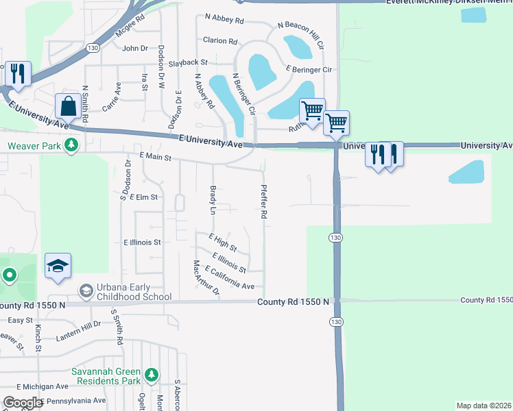 map of restaurants, bars, coffee shops, grocery stores, and more near 302 Sunrise Drive in Urbana