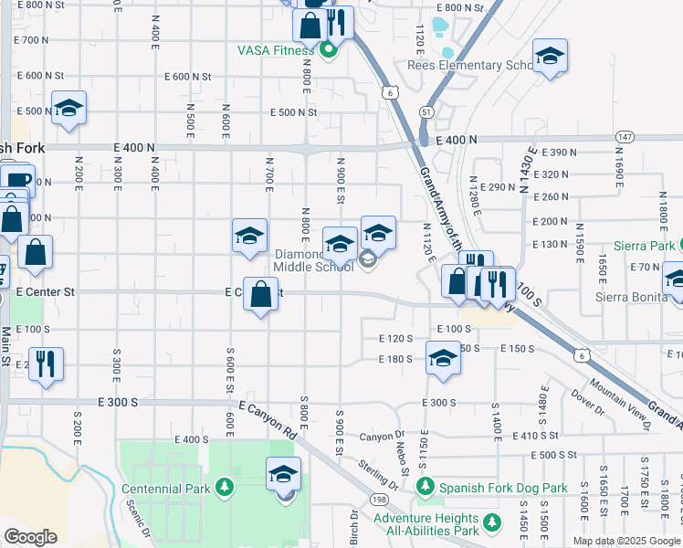 map of restaurants, bars, coffee shops, grocery stores, and more near 50 North 900 East in Spanish Fork