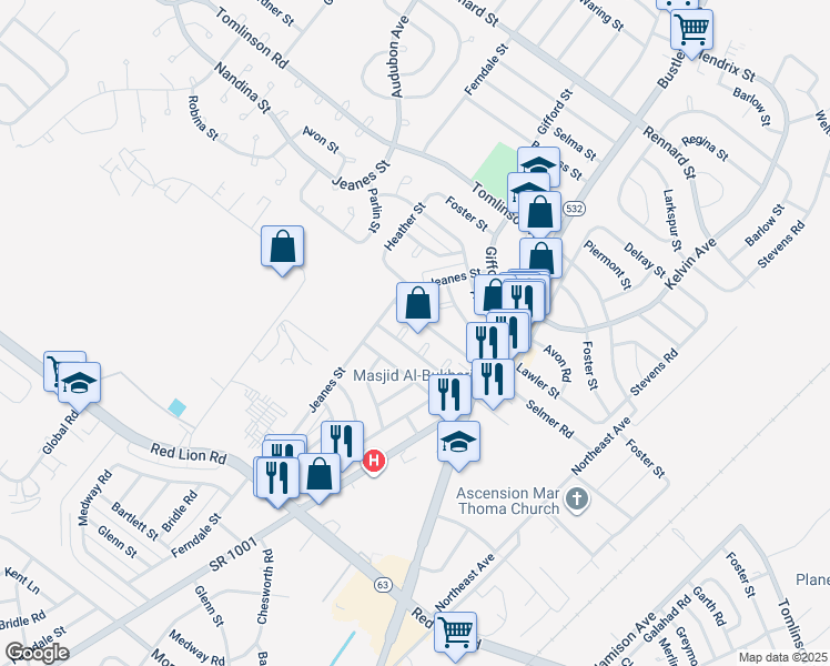 map of restaurants, bars, coffee shops, grocery stores, and more near 10231 Selmer Plaza in Philadelphia