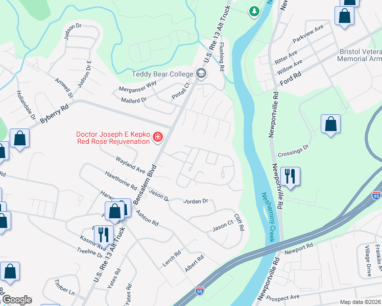map of restaurants, bars, coffee shops, grocery stores, and more near 450 Mount Vernon Circle South in Bensalem