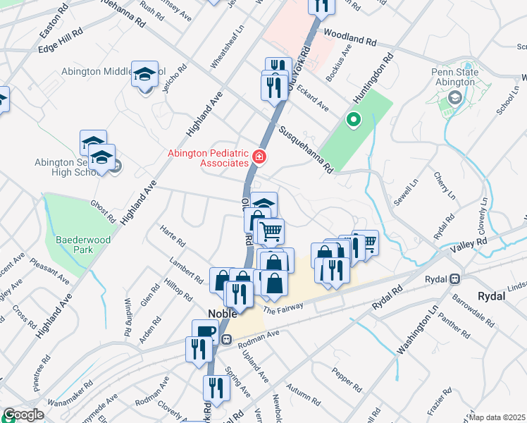 map of restaurants, bars, coffee shops, grocery stores, and more near 1001 Old York Road in Abington