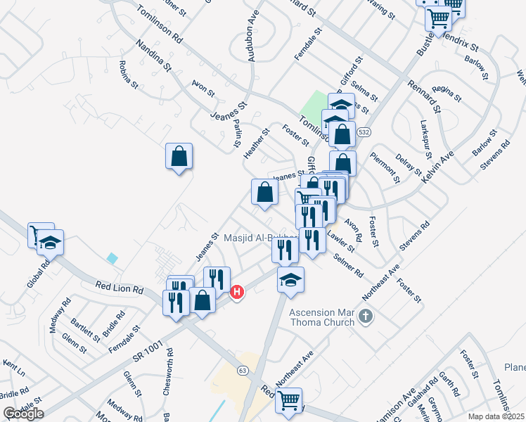 map of restaurants, bars, coffee shops, grocery stores, and more near 10231 Selmer Plaza in Philadelphia