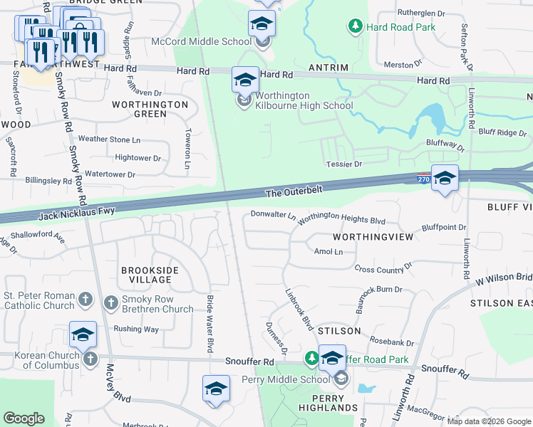 map of restaurants, bars, coffee shops, grocery stores, and more near 1389 Donwalter Lane in Columbus