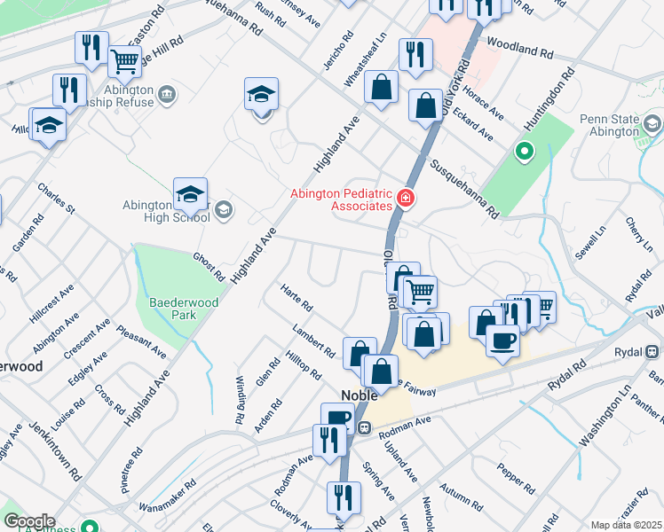 map of restaurants, bars, coffee shops, grocery stores, and more near 1820 Hemlock Circle in Abington
