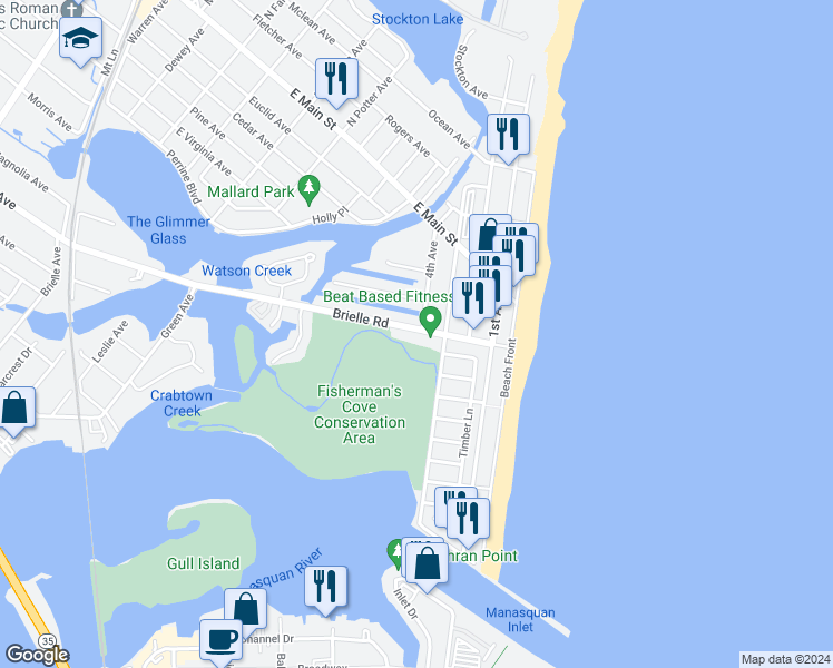 map of restaurants, bars, coffee shops, grocery stores, and more near 521 Brielle Road in Manasquan