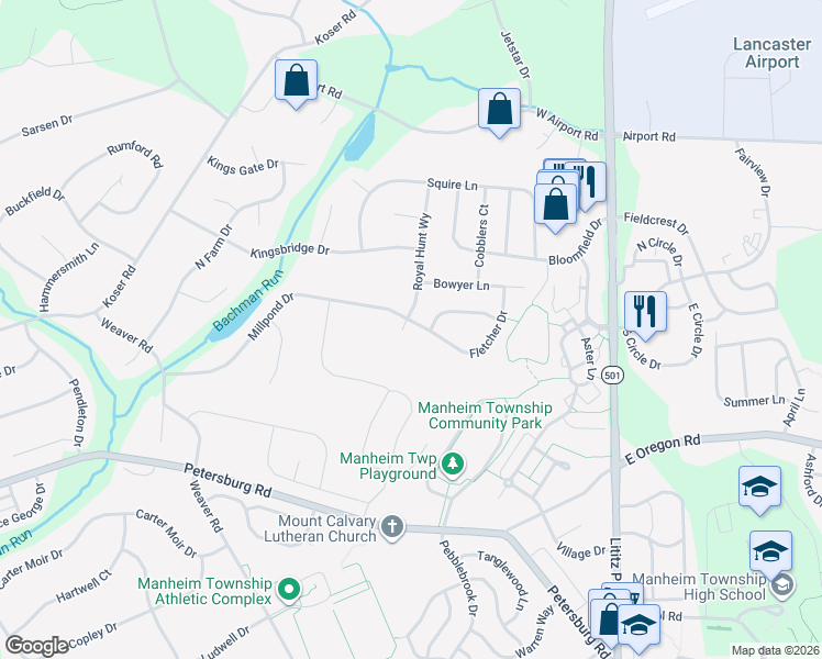 map of restaurants, bars, coffee shops, grocery stores, and more near 326 Millpond Drive in Lititz