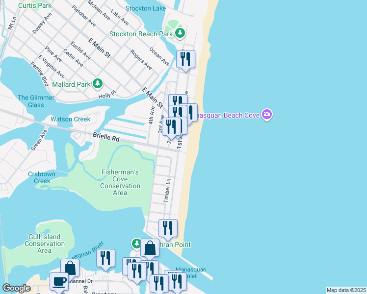 map of restaurants, bars, coffee shops, grocery stores, and more near 595 Brielle Road in Manasquan