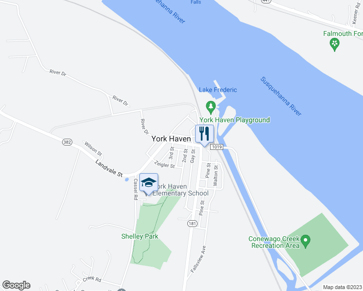 map of restaurants, bars, coffee shops, grocery stores, and more near 27 Pennsylvania Avenue in York Haven