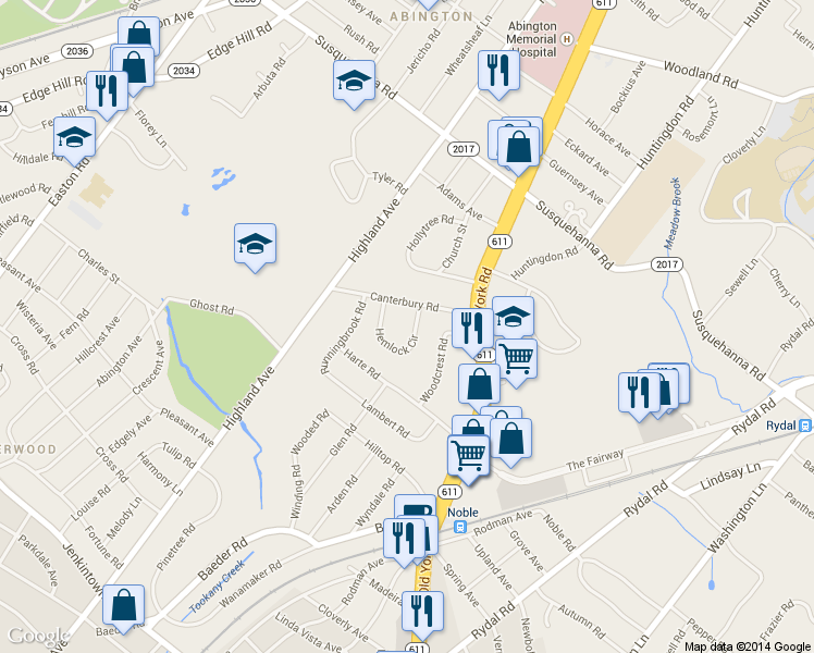 map of restaurants, bars, coffee shops, grocery stores, and more near 1820 Hemlock Circle in Abington
