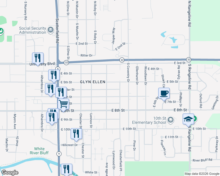 map of restaurants, bars, coffee shops, grocery stores, and more near 2603 Fowler Street in Anderson