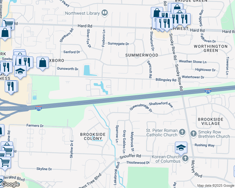 map of restaurants, bars, coffee shops, grocery stores, and more near 7561 Pickett Lane in Columbus