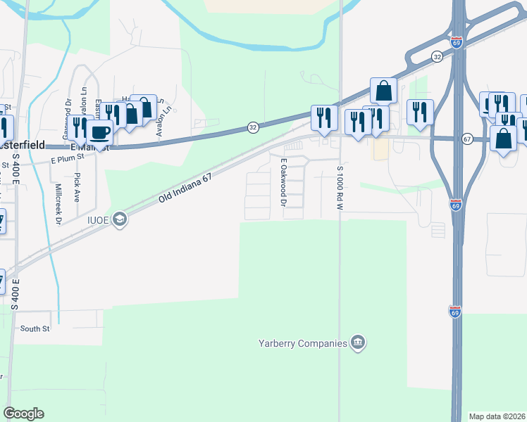map of restaurants, bars, coffee shops, grocery stores, and more near 4801 East Co Road 67 in Chesterfield