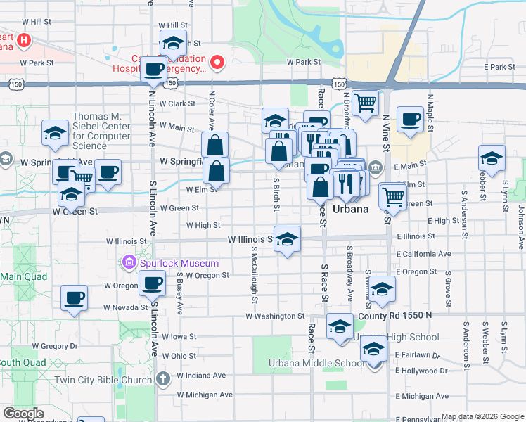 map of restaurants, bars, coffee shops, grocery stores, and more near 402 West High Street in Urbana