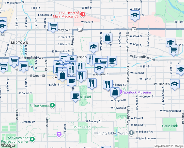 map of restaurants, bars, coffee shops, grocery stores, and more near 1301 West Green Street in Urbana