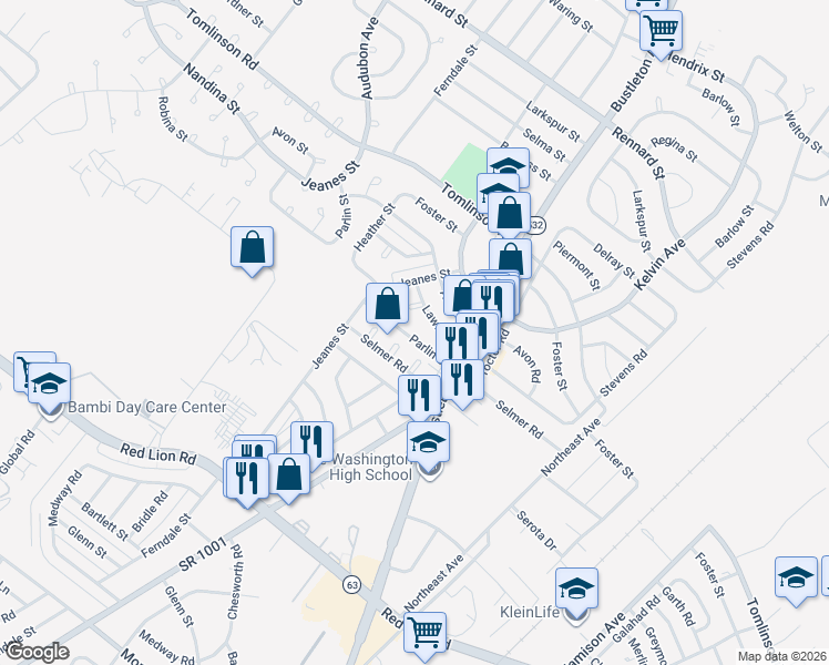 map of restaurants, bars, coffee shops, grocery stores, and more near 10234 Selmer Place in Philadelphia