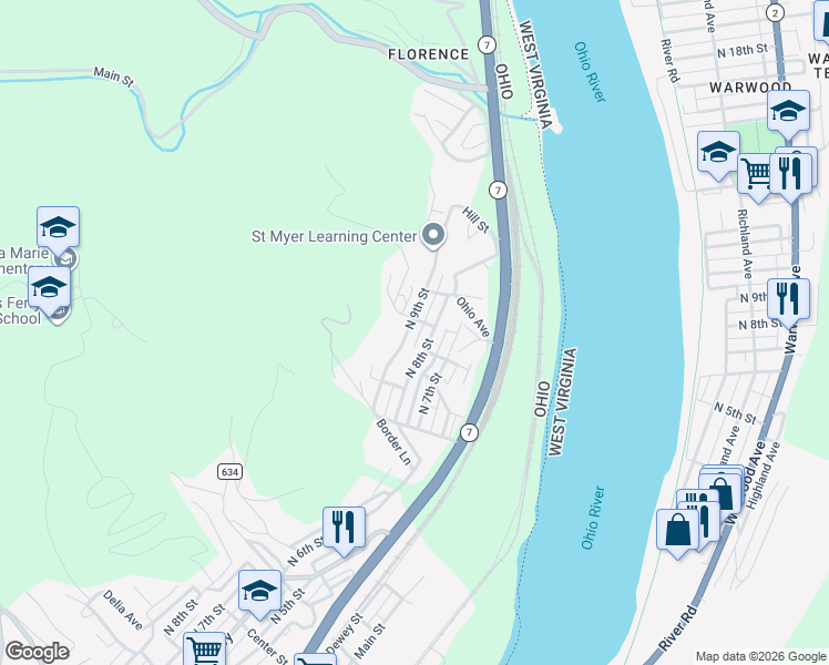 map of restaurants, bars, coffee shops, grocery stores, and more near 1308 North 9th Street in Martins Ferry