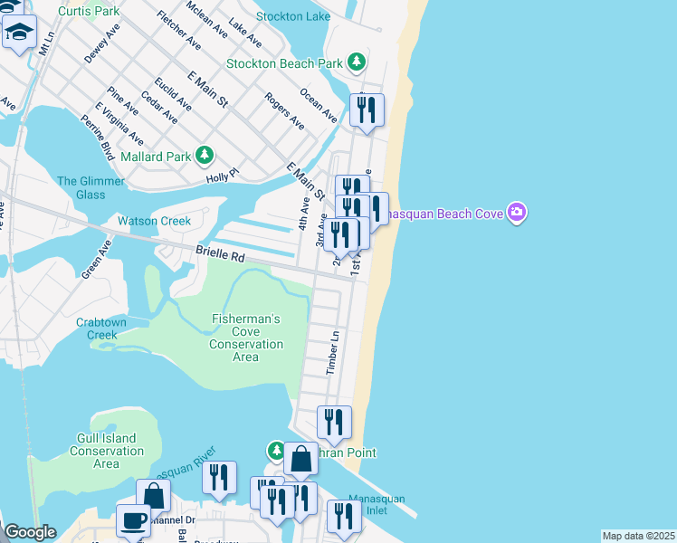 map of restaurants, bars, coffee shops, grocery stores, and more near 563 Brielle Road in Manasquan