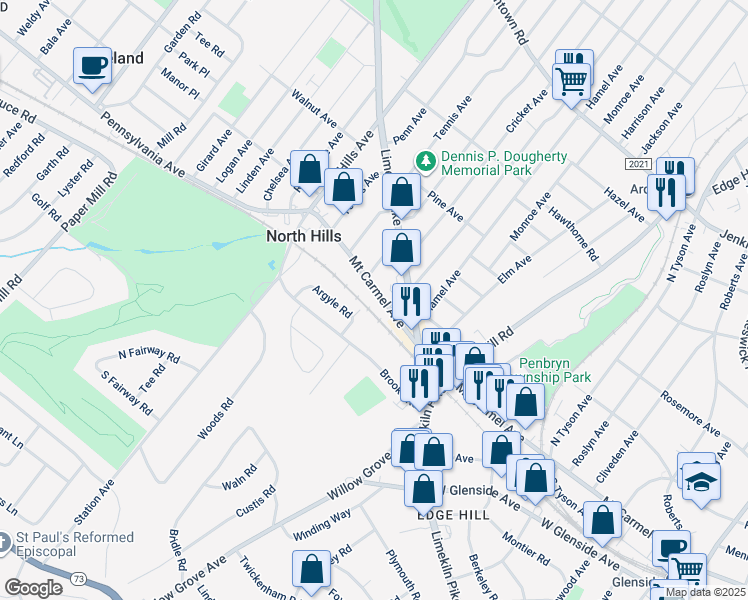 map of restaurants, bars, coffee shops, grocery stores, and more near 2800 Mount Carmel Avenue in Glenside