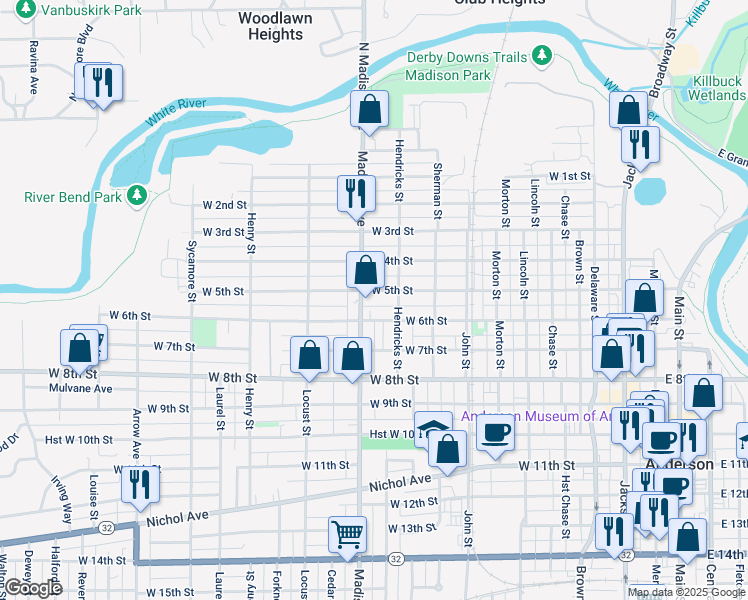 map of restaurants, bars, coffee shops, grocery stores, and more near 531 Madison Avenue in Anderson